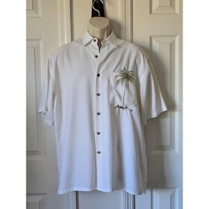 Mens White Short Sleeve Button Up Shirt Palm Tree Embroidered Casual Aloha Beach